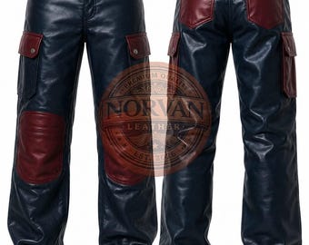 Handmade Men's Two-Tone Leather Cargo Pants: Navy Blue, Burgundy Baggy Streetwear Trousers