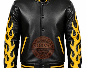 Handmade Men's Black Leather Flame Varsity Jacket – Yellow Sleeve Retro Biker Streetwear Bomber
