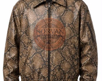Handmade Men's Genuine Leather Python Print Bomber Jacket – Streetwear Fashion Coat