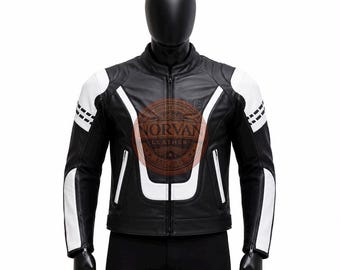 Handmade Black White Leather Men Cafe Racer Jacket Biker Racing Jacket