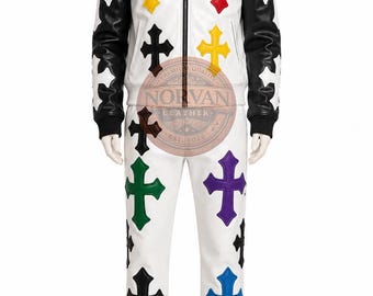 Handmade Men's White Leather Tracksuit Set: Multicolor Cross Patch Jacket & Joggers – Gothic Streetwear Outfit