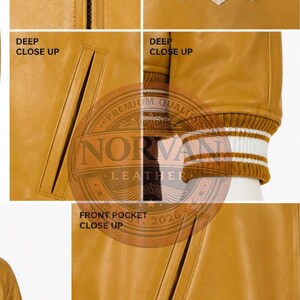 K&ouml;nnte beinhalten: Eine senfgelbe Lederjacke mit Frontrei&szlig;verschluss, Kragen und einem Aufn&auml;her auf der Brust mit dem Text AVIREX ESTABLISHED 1975. Die Jacke verf&uuml;gt &uuml;ber Seitentaschen und gerippte B&uuml;ndchen mit wei&szlig;en Streifen an &Auml;rmeln und Saum.