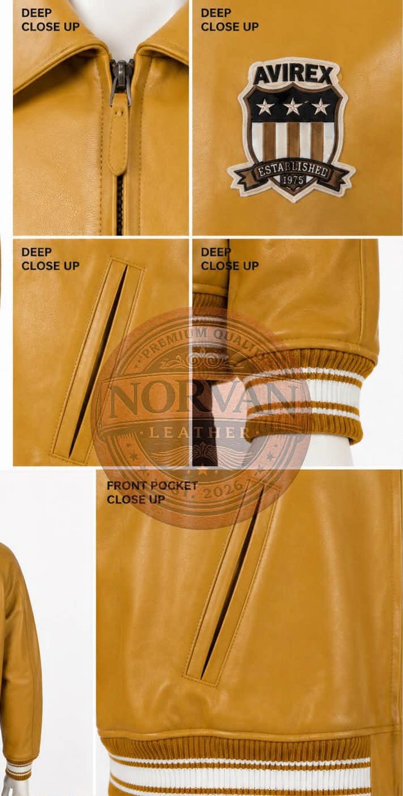 K&ouml;nnte beinhalten: Eine senfgelbe Lederjacke mit Frontrei&szlig;verschluss, Kragen und einem Aufn&auml;her auf der Brust mit dem Text AVIREX ESTABLISHED 1975. Die Jacke verf&uuml;gt &uuml;ber Seitentaschen und gerippte B&uuml;ndchen mit wei&szlig;en Streifen an &Auml;rmeln und Saum.