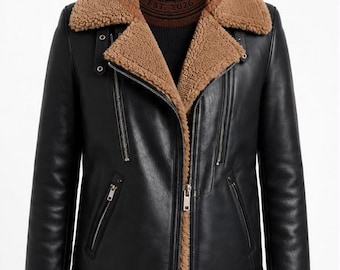 Handmade Men's Black Shearling Leather Jacket Biker Jacket  Faux Fur Lined Gift for Him