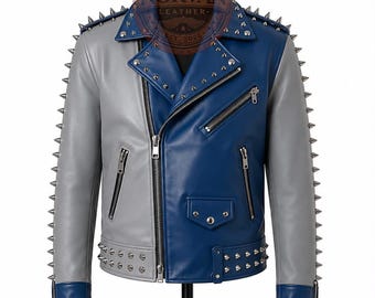 Blue & Gray Studded Leather Biker Jacket for Men Punk Rock Spiked   Handmade Fashion Outerwear