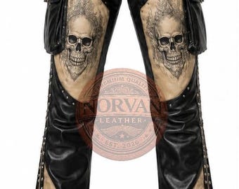 Handmade Men's Skull Gothic Leather Pants | Black Beige Biker Streetwear Trousers