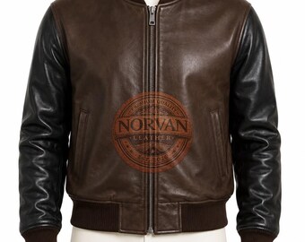 Men's Two Tone Leather Bomber Jacket, Brown & Black Varsity Jacket, Vintage Leather Baseball Jacket,Retro Aviator Coat Handmade Gift for Men