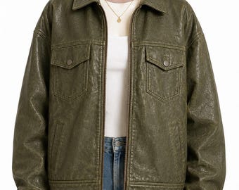 Handmade Olive Green Leather Bomber Jacket: Vintage Style Oversized Streetwear Outerwear