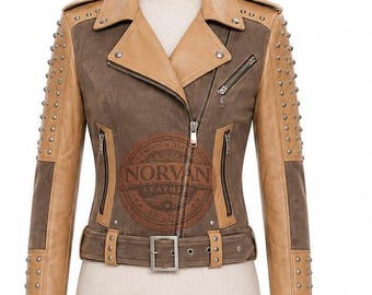 Handmade Women's Two-Tone Leather Biker Jacket, Studded Moto Rider Style