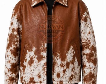 Handmade Men's Brown Cow Print Leather Western Jacket – Ranch Style Outerwear