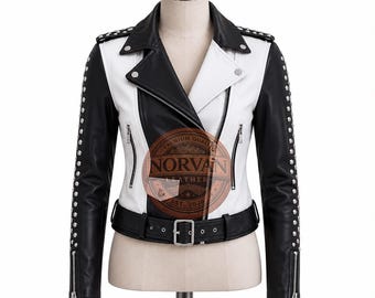 Handmade Women's Black White Leather Biker Jacket: Skull Rose Studded Punk Streetwear