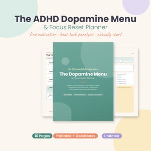 Könnte beinhalten: Der ADHD Dopamine Menu & Focus Reset Planner ist ein undatierter Planer mit 10 Seiten, der druckbar und digital ist. Das Cover ist blaugrün mit weißem Text und enthält den Titel sowie eine Beschreibung für das geschäftige Gehirn.
