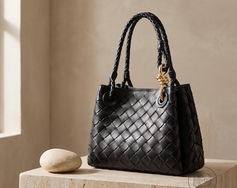 Borsa a secchiello in pelle intrecciata, borsa a tracolla in vera pelle bovina, borsa a tracolla di lusso discreta, borsa minimalista fatta a mano, regalo per lei