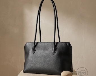 Borsa tote minimalista in vera pelle di vacchetta, borsa a tracolla morbida con cerniera, borsa da lavoro elegante e discreta per tutti i giorni.
