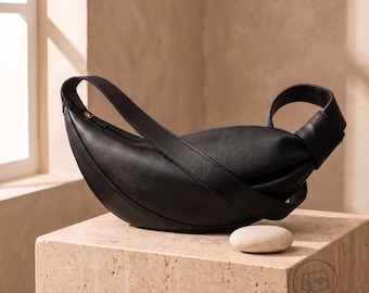 Cowhide Leather Belt Bag for Women, Crescent Sling Bag, Croissant Crossbody Bag, Minimalist Leather Chest Bag, Adjustable Waist Purse