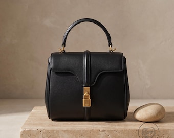 Borsa a mano in pelle, borsa minimalista da donna, elegante borsa a tracolla con chiusura girevole dorata, piccola borsa strutturata, borsa da pendolare