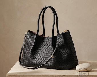 Borsa tote in pelle intrecciata a mano, borsa a tracolla in pelle intrecciata, borsetta in vera pelle morbida, borsa a mano minimalista e lussuosa, regalo per lei