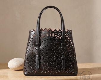 Borsa tote in pelle, piccola borsa con manico superiore, borsa a tracolla in pelle bovina spaccata da donna, borsetta minimalista con taglio laser, regalo di lusso discreto per lei