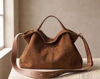 Borsa a tracolla in vera pelle scamosciata di vacchetta, borsa hobo morbida in pelle con tracolla, borsa a mano di lusso e discreta, borsa tote morbida per tutti i giorni