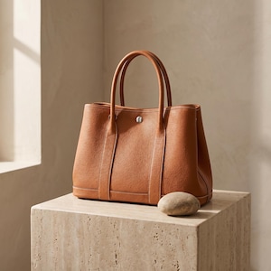 Brown leather tote bag photographed at a three-quarter angle, showing the pebbled full grain cowhide, pleated side gussets and adjustable crossbody strap.