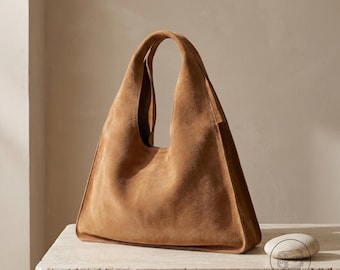 Borsa a tracolla in pelle scamosciata con manico intagliato, borsa a spalla morbida in pelle, borsa a tracolla minimalista, borsa morbida per tutti i giorni per lei