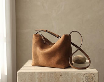 Borsa a mano in pelle nabuk, borsa a tracolla morbida stile anni '90, borsa a spalla in morbida pelle conciata al vegetale, borsa a mano di lusso discreta