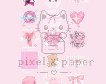 Mjuka tjejer med rosa rosetter och hjärtan, nallebjörnar, klistermärkespaket (digital nedladdning)