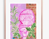 Pink Wicker chair, print of an original painting, illustration, boho, plants, a5 or a4 wall art