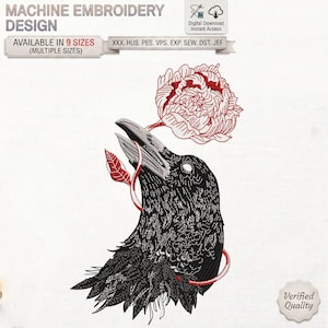 May include: A machine embroidery design featuring a black raven with a red flower and vine. The text reads MACHINE EMBROIDERY DESIGN, AVAILABLE IN 9 SIZES, XXX, HUS, PES, VPS, EXP, SEW, DST, JEF, Digital Download Instant Access, and Verified Quality.