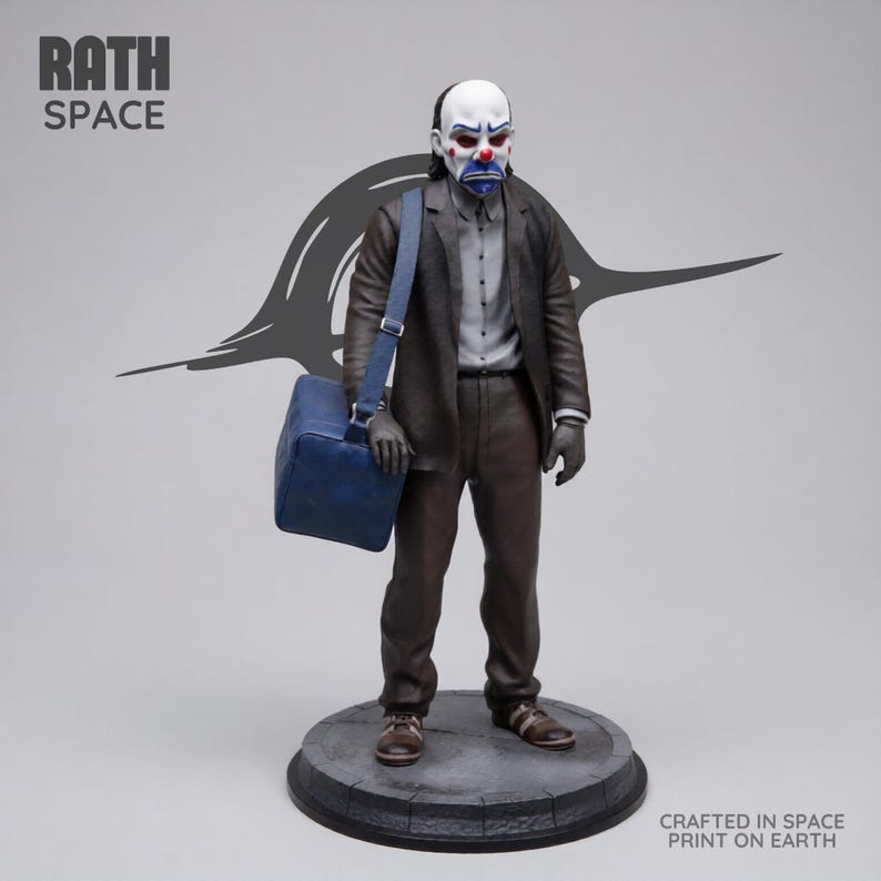 May include: A figurine of a character in a clown mask, wearing a dark suit and carrying a blue messenger bag. The figure stands on a round, gray base. The text "RATH SPACE" and "CRAFTED IN SPACE PRINT ON EARTH" are visible.