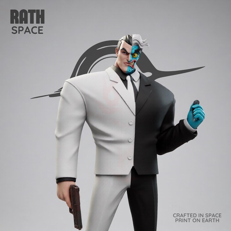 May include: A Two-Face figure, a DC Comics villain, stands in a split black and white suit, holding a gun and a coin. The figure has a two-toned face, with one side normal and the other scarred. The figure is a collectible item.