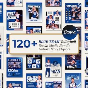 May include: A digital collection of 120+ Blue Team Volleyball social media templates featuring various layouts for portraits, stories, and square posts. The designs include graphics for match scores, starting lineups, player profiles, and schedules.