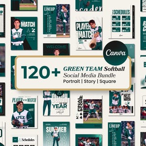 Könnte beinhalten: Eine digitale Sammlung von über 120 Green Team Softball Social-Media-Vorlagen mit verschiedenen Layouts für Porträts, Stories und quadratische Beiträge. Die Designs zeigen Baseballspieler in grün-weißen Uniformen mit Texten wie Lineup, Match und Signed.