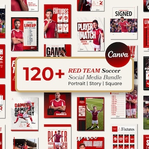 Puede incluir: Una colección digital de más de 120 plantillas de redes sociales para un equipo de fútbol rojo con varios diseños para retratos, historias y publicaciones cuadradas. Los gráficos incluyen texto como 120+ RED TEAM Soccer Social Media Bundle y Canva.