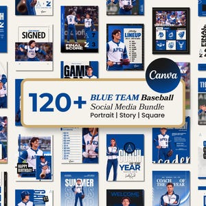 Può includere: Una collezione digitale di oltre 120 modelli per social media dedicati al baseball Blue Team, con vari layout per ritratti, storie e post quadrati. I design includono foto d'azione dei giocatori e grafiche per i risultati.