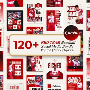 Könnte beinhalten: Eine digitale Sammlung von über 120 Social-Media-Vorlagen zum Thema Baseball in Rot und Weiß, mit Spielern in Apex-Uniformen, Spielplänen und dem Text 120+ RED TEAM Baseball Social Media Bundle.