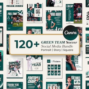 Pode incluir: Uma coleção digital de mais de 120 modelos para redes sociais Green Team Soccer com esquemas de cores verde-escuro e branco. Os gráficos incluem jogadores de futebol, calendários de jogos, escalações e o texto 120+ GREEN TEAM Soccer Social Media Bundle.
