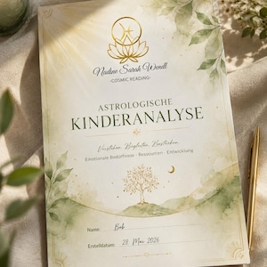 Könnte beinhalten: Ein gedrucktes Dokument mit dem Titel Astrologische Kinderanalyse von Nadine Sarah Wendl Cosmic Reading. Die Seite zeigt goldene Linienzeichnungen einer Lotusblüte, eines Baumes und einer Mondsichel mit grünen Aquarellakzenten sowie Felder für Name und Erstelldatum.