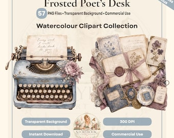 57 imágenes prediseñadas PNG de papelería Poetcore, escritorio de escritura vintage con acuarela, artículos efímeros para diarios creativos.