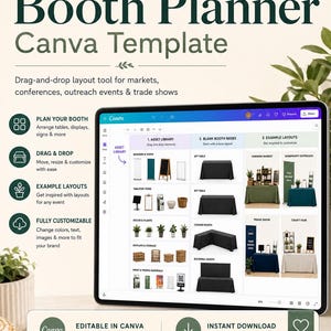以下が含まれることがあります： デジタルタブレットには、「Booth Planner Canva Template」が表示され、市場やイベント向けのドラッグアンドドロップツールが搭載されています。インターフェースには、アセットライブラリ、空白のブースベース、サンプルレイアウトが表示されます。デザインは完全にカスタマイズ可能です。
