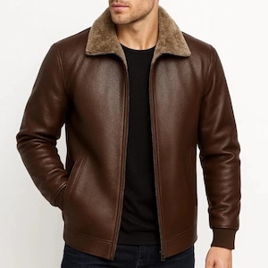Chaqueta de aviador para hombre de piel granulada marrón – Abrigo de invierno con cuello de borrego