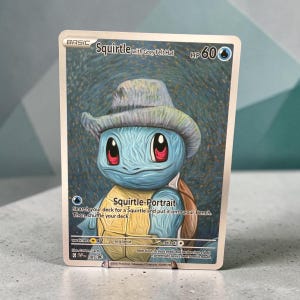 May include: A Squirtle with Grey Felt Hat trading card featuring a blue turtle character wearing a grey hat against a swirling blue background. The card displays 60 HP, the text Squirtle-Portrait, and game mechanics including weakness and retreat.