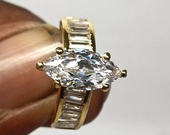 Vintage Marquise CZ Engagement Ring, Moissanite Flower Wedding Band, Leaf Design