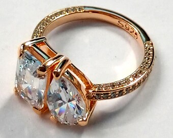 Vintage Moissanite ,Pear & Emerald Cut, Toi-Et-Moi, Engagement Ring, 14K Rose Gold Plated