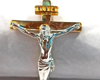 925 Sterling Silver INRI Crucifix Cross Ring with 18K Gold-Plated Corpus