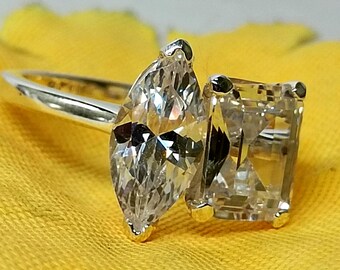 Sterling Silver Pear & Emerald Cut Moissanite Engagement Ring