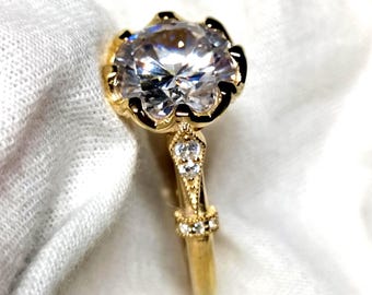 Vintage Inspired Art Deco Moissanite Engagement Ring, Sterling Silver Cathedral Setting