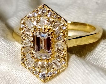 Emerald Cut Art Deco Engagement Ring, 14K Yellow Gold Starburst Tapper Baguette Ring