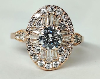 Art Deco Oval Moissanite Flower Ring, Sterling Silver Rose Gold Finish