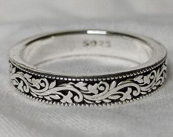 Oxidized Silver Swirl Ring: Wide Patterned Wedding Band Milgrain Detail
